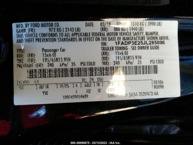 1FADP3E25JL285096 Ford FOCUS S