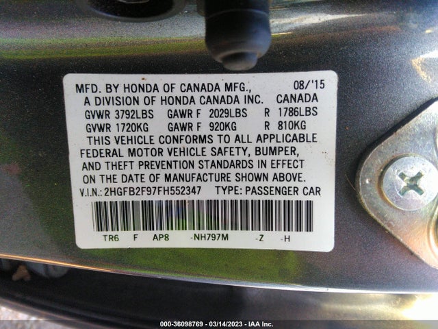 2015 HONDA CIVIC SEDAN EX-L VIN: 2HGFB2F97FH552347