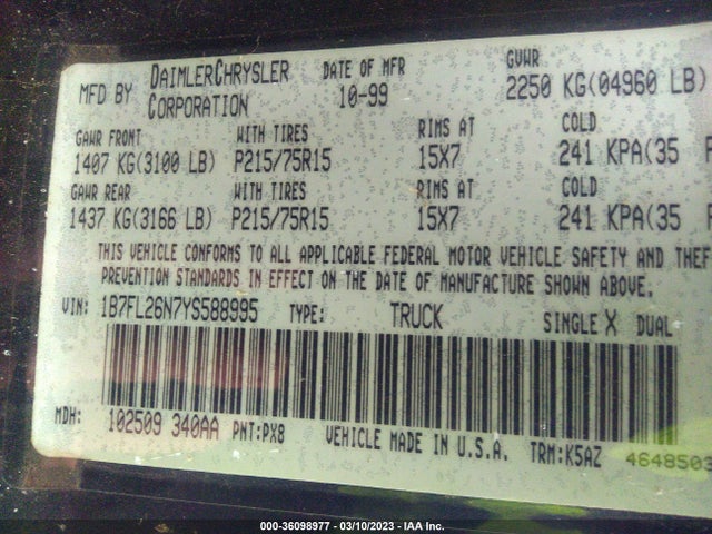 Dodge Dakota Sport/slt 2000 1B7FL26N7YS588995 Image 10