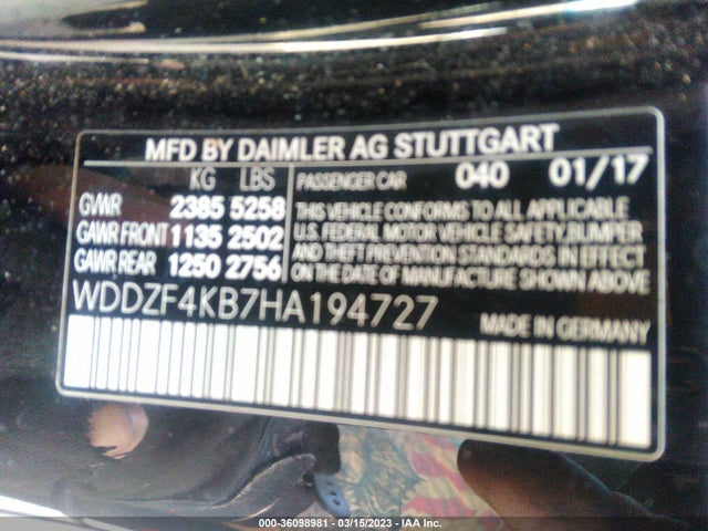 2017 MERCEDES-BENZ E-CLASS E 300 VIN: WDDZF4KB7HA194727