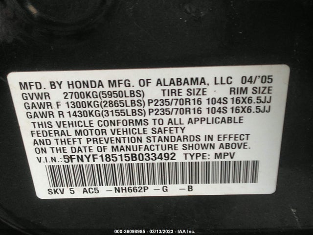 2005 HONDA PILOT EX-L VIN: 5FNYF18515B033492