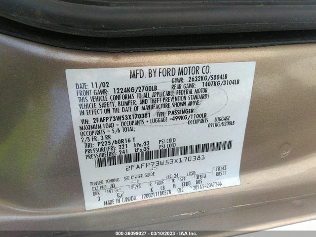 2003 FORD CROWN VICTORIA STANDARD VIN: 2FAFP73W53X170381