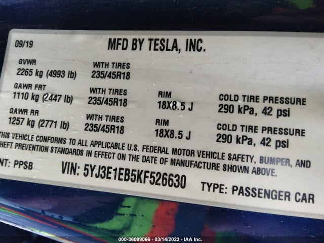 Tesla Model 3 Long Range/performance 2019 5YJ3E1EB5KF526630 Image 10