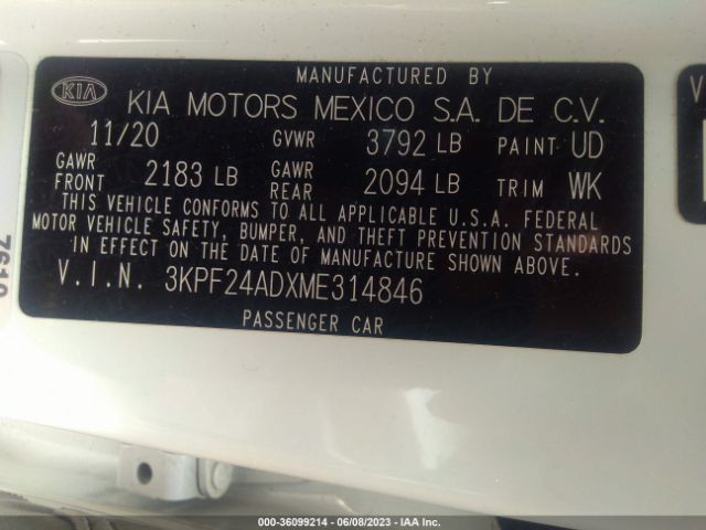 3KPF24ADXME314846 KIA Forte Lxs