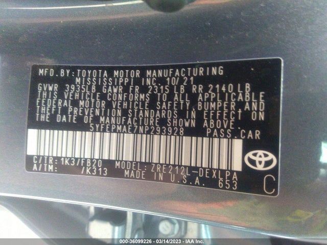 2022 TOYOTA COROLLA LE VIN: 5YFEPMAE7NP293928