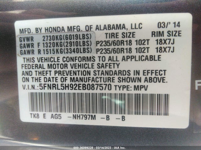 Honda Odyssey Touring 2014 5FNRL5H92EB087570 Image 10