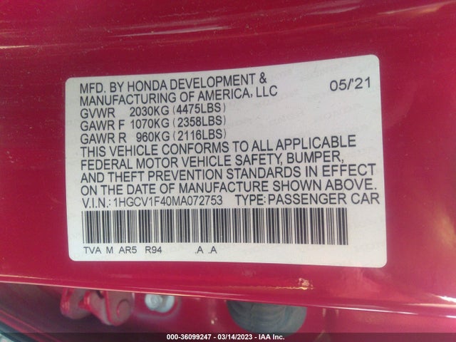 2021 HONDA ACCORD SEDAN SPORT SE VIN: 1HGCV1F40MA072753
