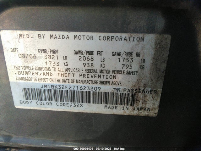 2007 MAZDA MAZDA3 I TOURING VIN: JM1BK32F271623209