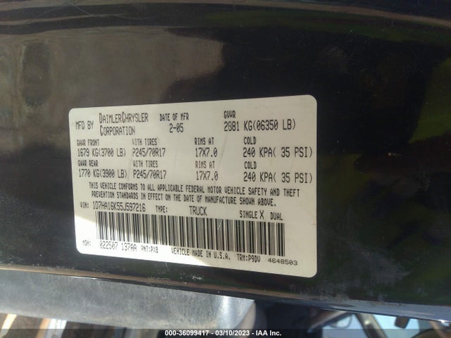 2005 DODGE RAM 1500 ST VIN: 1D7HA16K55J597216