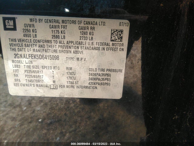 2013 CHEVROLET EQUINOX LTZ VIN: 2GNALFEK5D6415098
