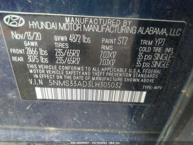 2020 HYUNDAI SANTA FE SEL VIN: 5NMS33AD3LH305032