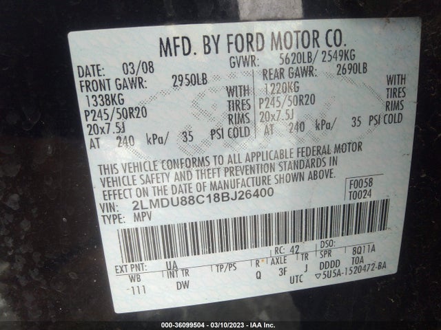 2008 LINCOLN MKX VIN: 2LMDU88C18BJ26400