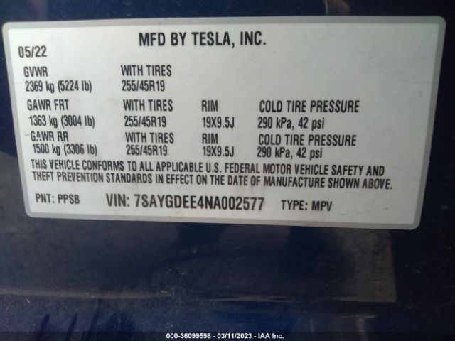 7SAYGDEE4NA002577 Tesla Model Y Long Range