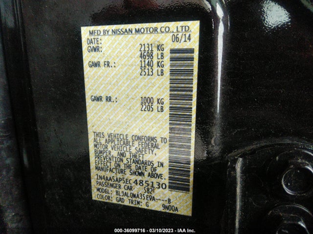 2014 NISSAN MAXIMA 3.5 S VIN: 1N4AA5AP5EC485130