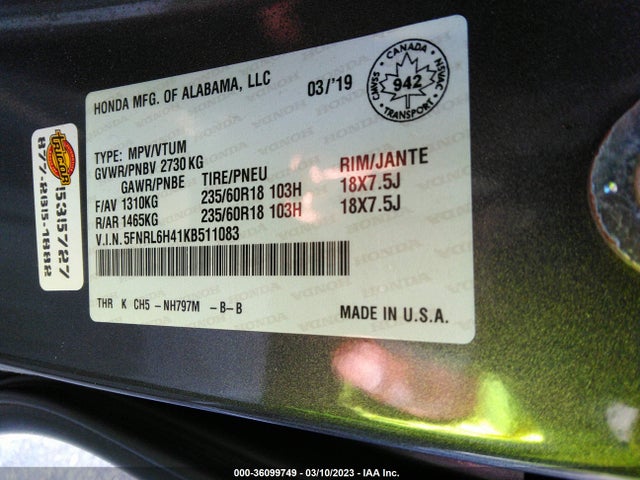 2019 HONDA ODYSSEY EX/EX-RES VIN: 5FNRL6H41KB511083