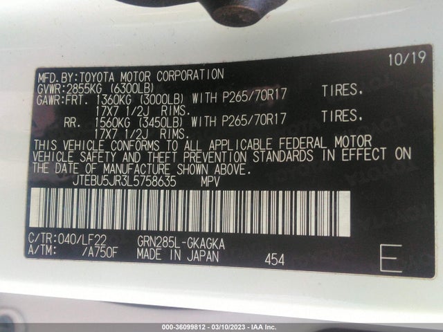 2020 TOYOTA 4RUNNER SR5 VIN: JTEBU5JR3L5758635