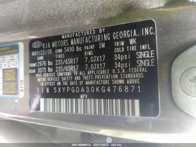 5XYPGDA30KG476871 KIA SORENTO LX