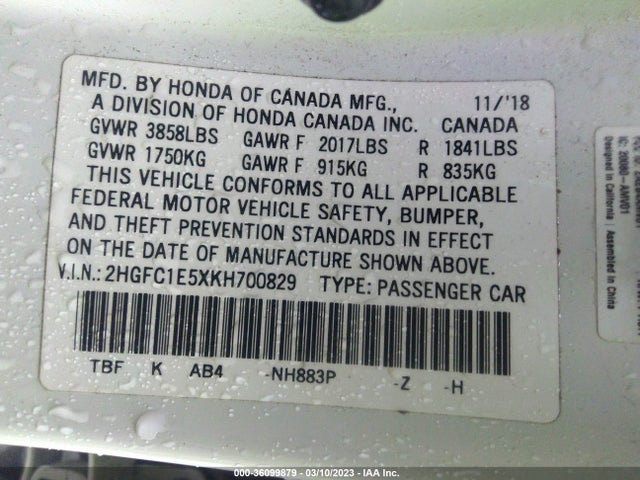 Honda CIVIC SI SEDAN 2019 2HGFC1E5XKH700829 Image 10