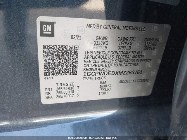 2021 CHEVROLET SILVERADO 1500 RST VIN: 1GCPWDEDXMZ263761