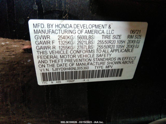 5J8YD9H46NL005360 Acura Mdx W/technology Package