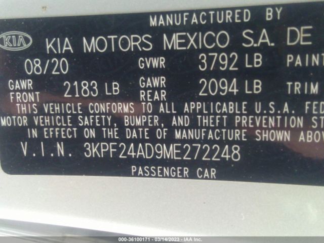 3KPF24AD9ME272248 KIA Forte Lxs