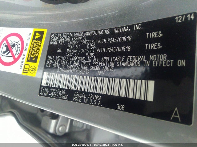 Toyota Highlander Le 2015 5TDZKRFH2FS060712 Image 9