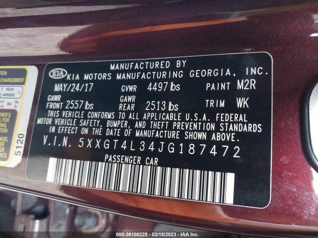2018 Kia Optima, VIN: 5XXGT4L34JG187472