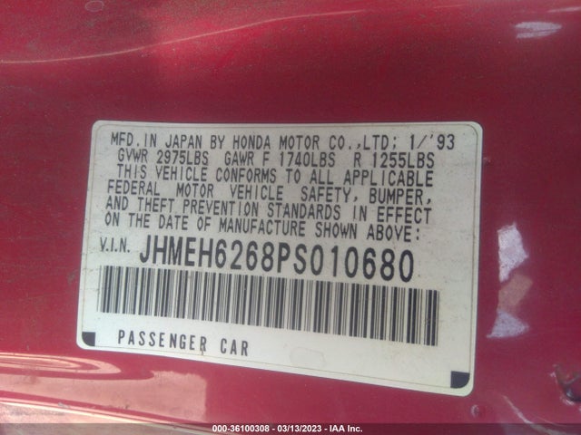 1993 HONDA CIVIC DEL SOL SI VIN: JHMEH6268PS010680
