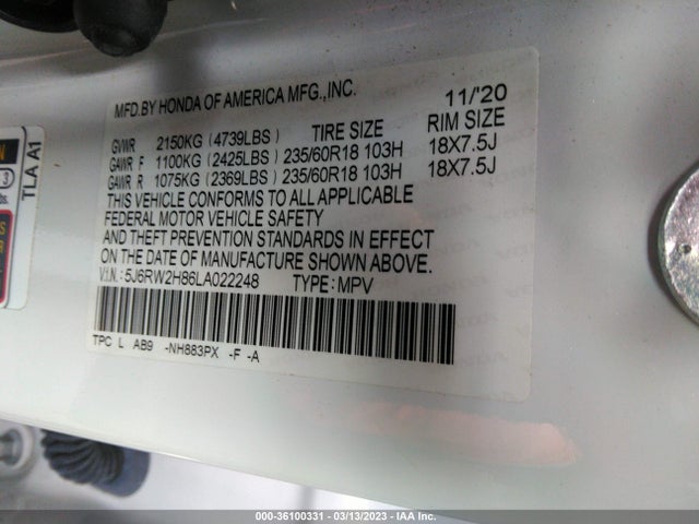 Honda Cr-v Ex-l 2020 5J6RW2H86LA022248 Image 9