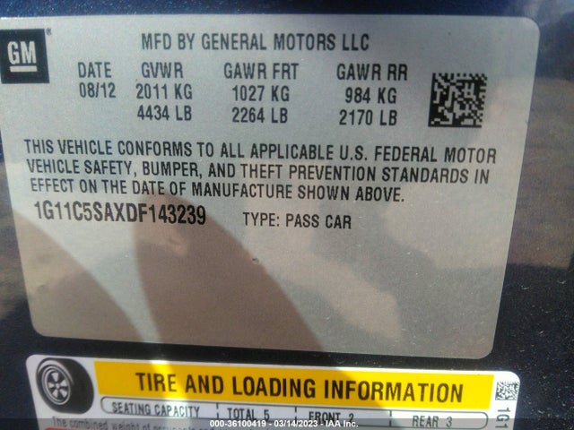 2013 CHEVROLET MALIBU LT VIN: 1G11C5SAXDF143239