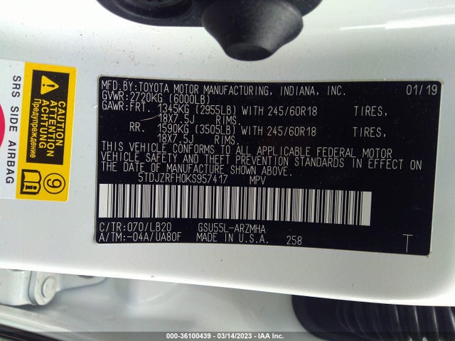 Toyota Highlander Se/xle 2019 5TDJZRFH0KS957417 Image 10