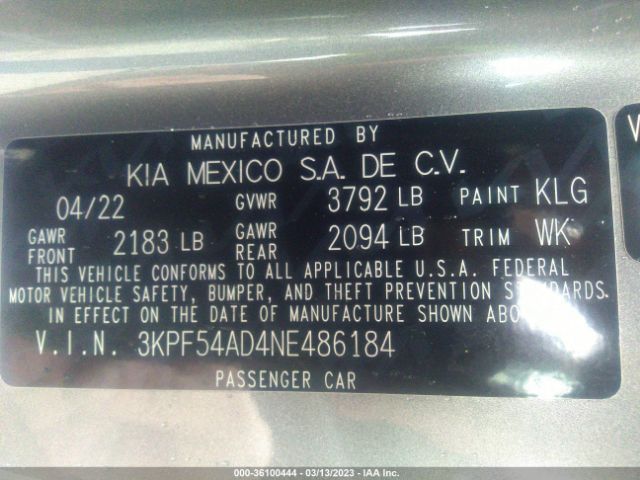 3KPF54AD4NE486184 KIA Forte Gt-line