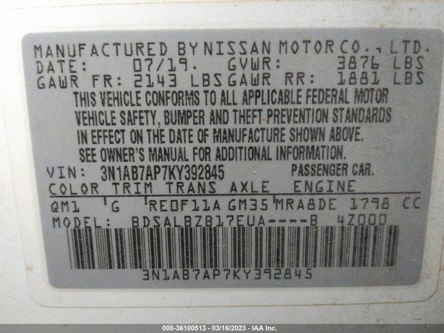 Nissan SENTRA S 2019 3N1AB7AP7KY392845 Image 9