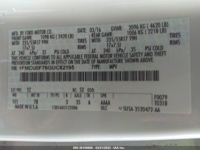 2016 FORD ESCAPE S VIN: 1FMCU0F76GUC82195