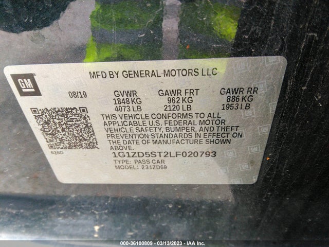 2020 CHEVROLET MALIBU LT VIN: 1G1ZD5ST2LF020793