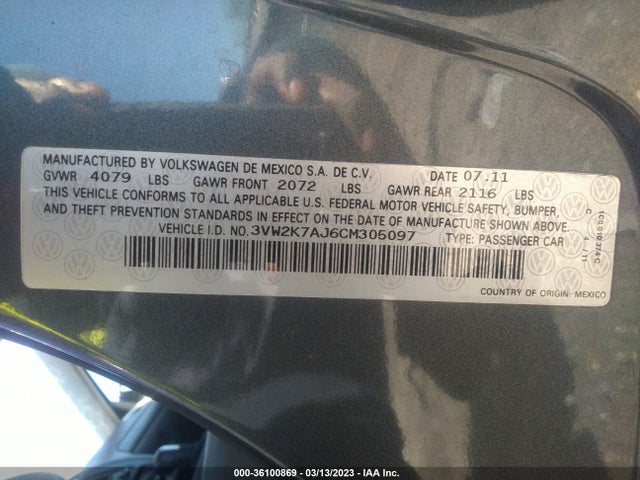 2012 VOLKSWAGEN JETTA SEDAN S VIN: 3VW2K7AJ6CM305097