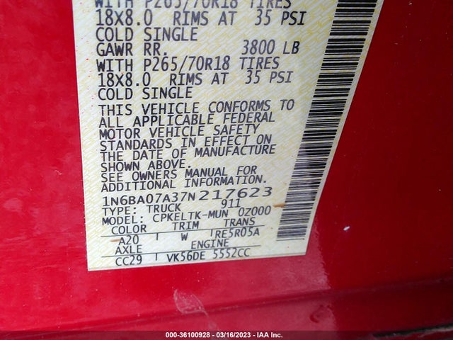 2007 NISSAN TITAN SE VIN: 1N6BA07A37N217623