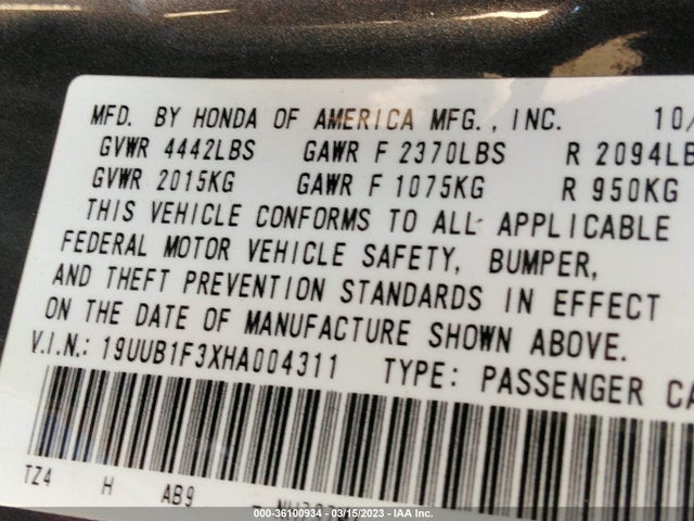 2017 ACURA TLX VIN: 19UUB1F3XHA004311