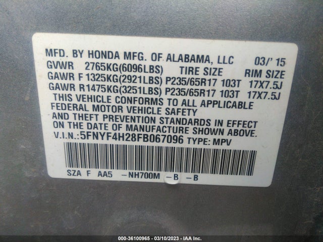 Honda PILOT LX 2015 5FNYF4H28FB067096 Image 10