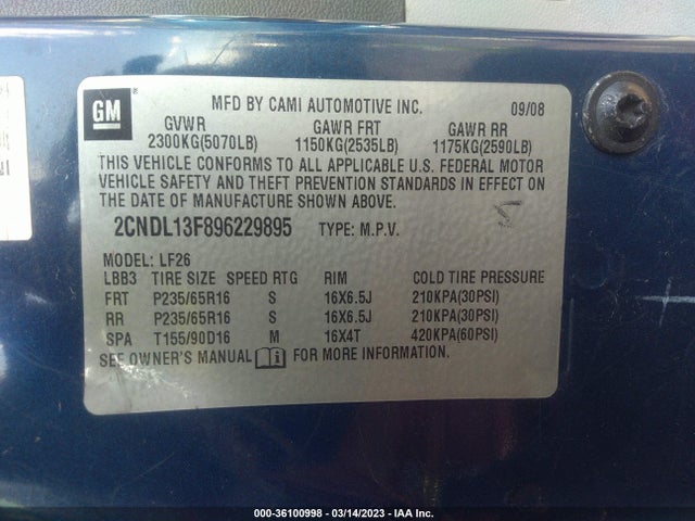 2009 CHEVROLET EQUINOX LS VIN: 2CNDL13F896229895