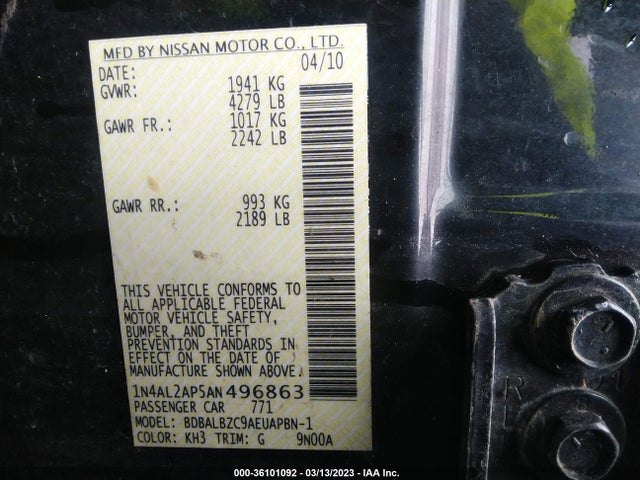 2010 NISSAN ALTIMA 2.5 SL VIN: 1N4AL2AP5AN496863