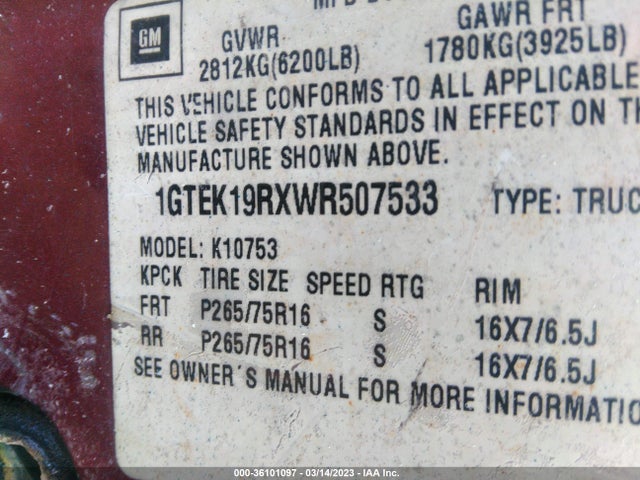 GMC SIERRA 1500 1998 1GTEK19RXWR507533 Image 10