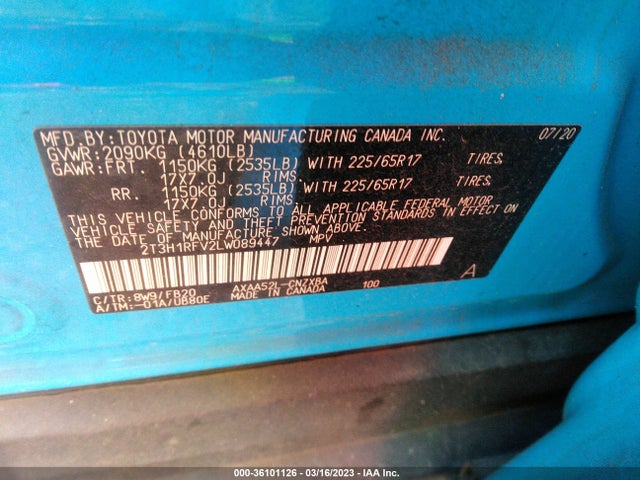 2020 TOYOTA RAV4 LE VIN: 2T3H1RFV2LW089447
