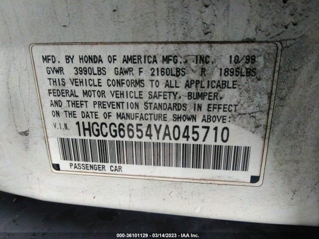 2000 HONDA ACCORD SDN LX VIN: 1HGCG6654YA045710