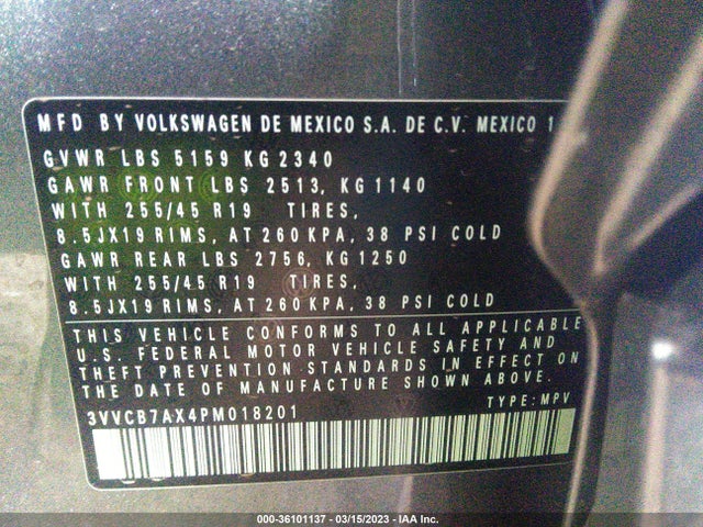 3VVCB7AX4PM018201 Volkswagen Tiguan Se R-line Black