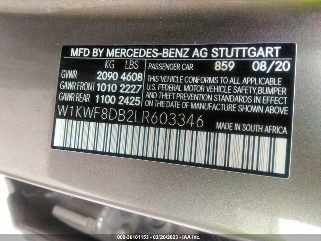 2020 MERCEDES-BENZ C-CLASS C 300 VIN: W1KWF8DB2LR603346