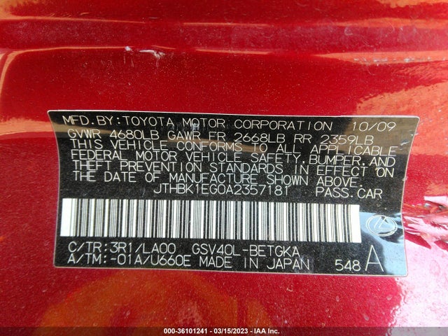 2010 LEXUS ES 350 VIN: JTHBK1EG0A2357181