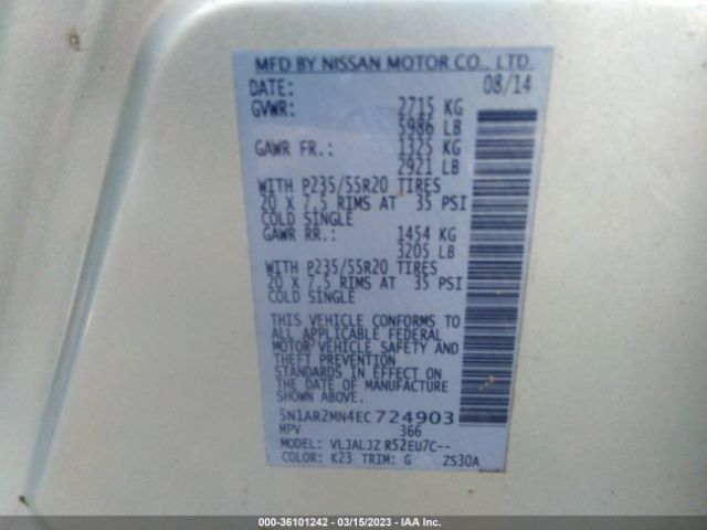5N1AR2MN4EC724903 Nissan Pathfinder Platinum