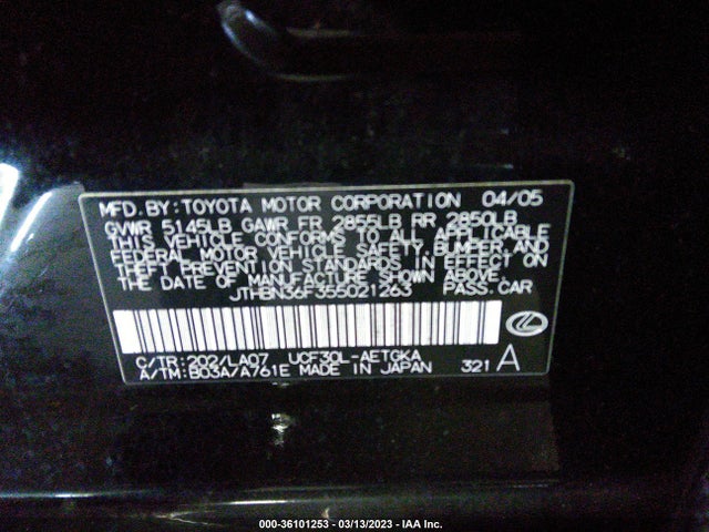 2005 LEXUS LS 430 VIN: JTHBN36F355021263