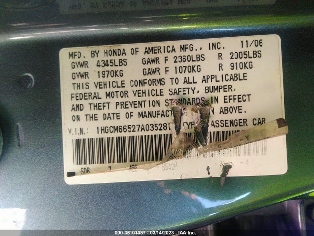2007 HONDA ACCORD SDN EX-L VIN: 1HGCM66527A035281